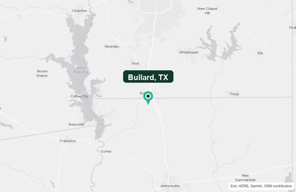 Map of Bullard, Texas and the surrounding Smith County area service area